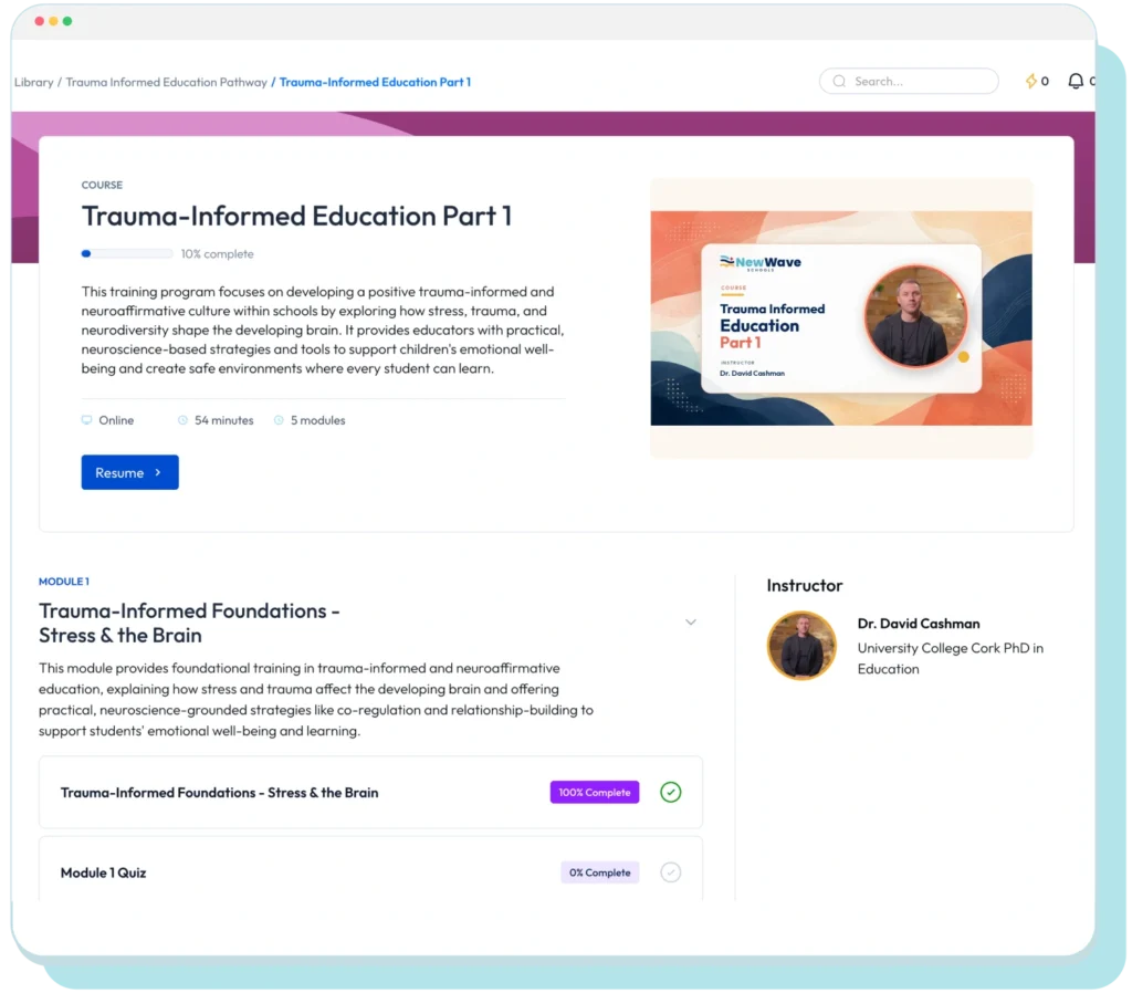 NewWave Schools app showing Trauma Informed Education Part 1 with Dr. David Cashman