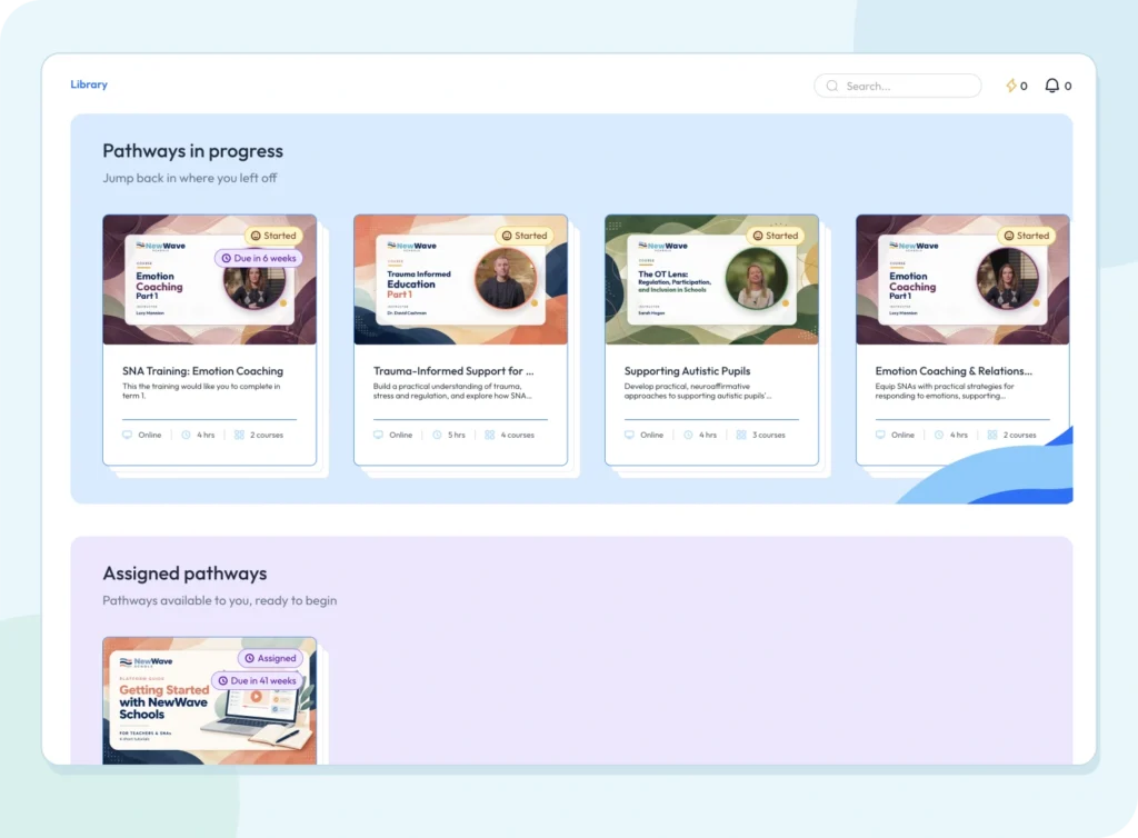 NewWave learning library showing pathways in progress and assigned learning pathways